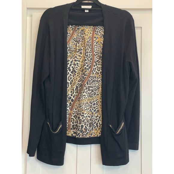 Susan Graver black and silky leopard cardigan with chain detail MED - Picture 2 of 11